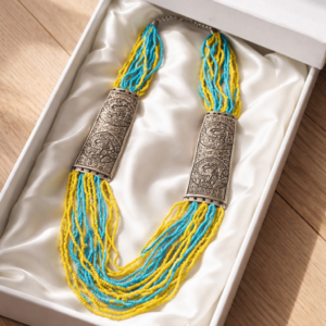 blue yellow beaded statement necklace for women handmade ethnic jewellery Tavielle