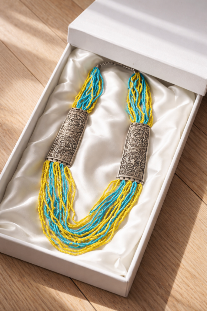blue yellow beaded statement necklace for women handmade ethnic jewellery Tavielle