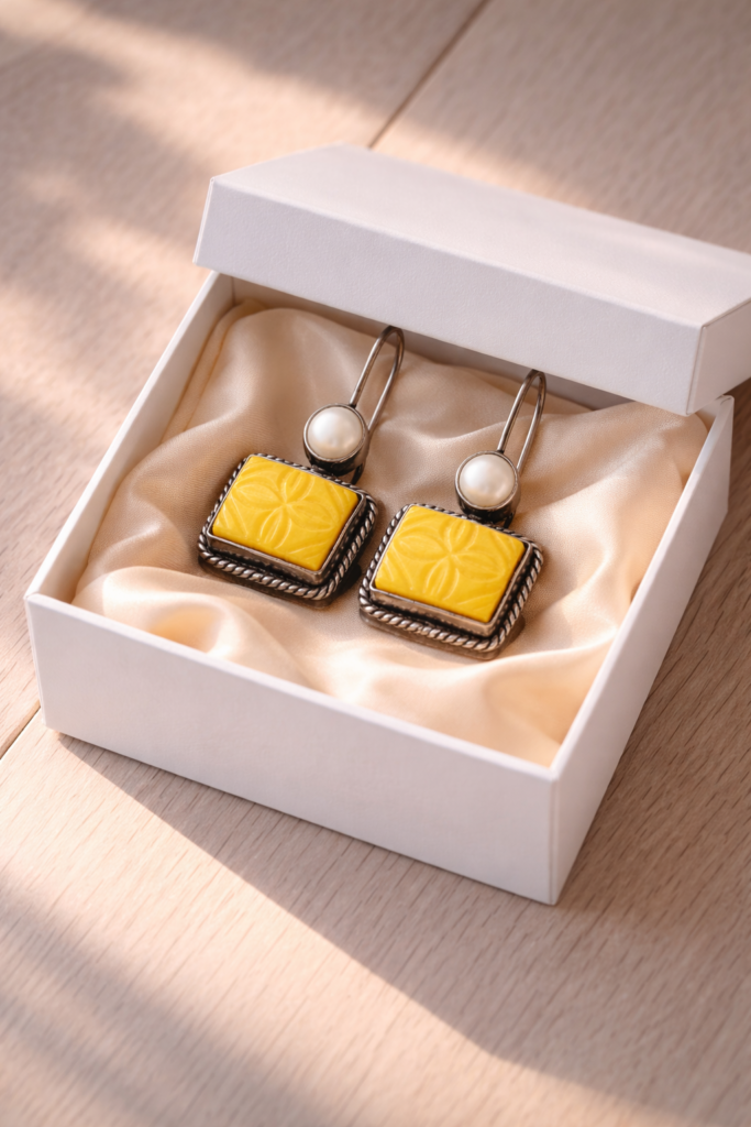 yellow stone pearl drop earrings for women elegant minimal jewellery Tavielle