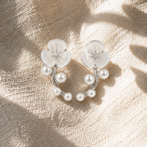 Pearl Blossom Vine Earrings with floral design, crystal center, and pearl accents in silver-tone finish