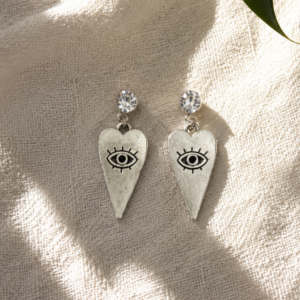 Evil eye heart earrings for women with crystal studs and silver-tone design
