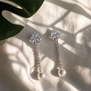 Silver pearl chain drop earrings with crystal detailing