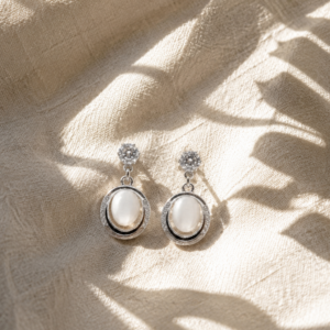 Moonstone Halo Drop Earrings with white stone center and crystal accents