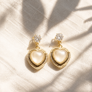 Gold pearl heart drop earrings with crystal detailing held between fingertips
