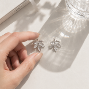 Silver Fern Bloom leaf stud earrings with detailed botanical design