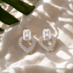 Crystal heart drop earrings for women with sparkling rhinestone silver-tone design