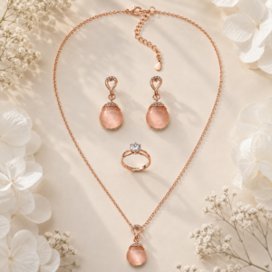 Peach Crystal Elegance Jewelry Set with rose gold necklace, matching earrings, ring, and sparkling crystal accents