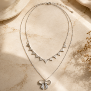 Silver layered triangle pendant necklace for women with geometric triangle accents and adjustable chain