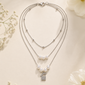 Silver pearl layered chain for women with pearl accents and layered necklace design