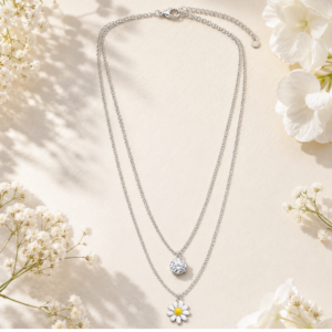 Silver daisy layered chain for women featuring flower pendant and sparkling stone charm