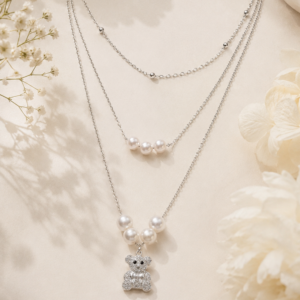 Silver Teddy Bear Pearl Layered Chain
