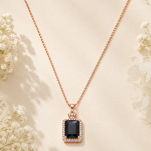 Black Stone Pendant Chain with rose gold finish and sparkling stone border for women.