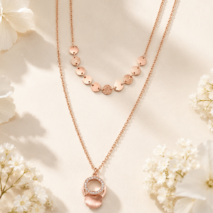 Rose gold layered pendant chain for women with decorative disc accents and double-layer design