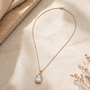 Rectangle stone pendant chain for women in rose gold finish with sparkling stone border