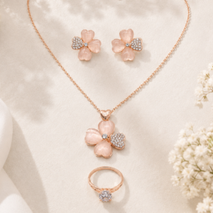 rose gold jewelry set, floral jewelry set, necklace earrings ring set, women jewelry set, fashion jewelry set, elegant jewelry set, gift for women, rose gold accessories, flower jewelry set, matching jewelry set