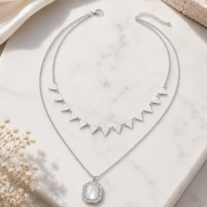 Silver Layered Pendant Chain with double-layer necklace design and crystal pendant for women.