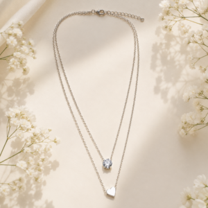 Silver Double Layer Heart Chain with crystal accent and heart charm pendant for women.
