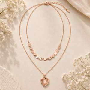 Rose gold layered heart chain for women with double-layer design and disc accents