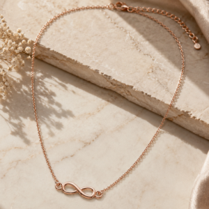 Rose gold infinity chain for women with minimalist infinity symbol centerpiece