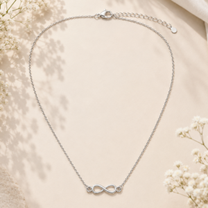 Silver Infinity Chain for women with minimalist infinity symbol centerpiece and delicate silver chain