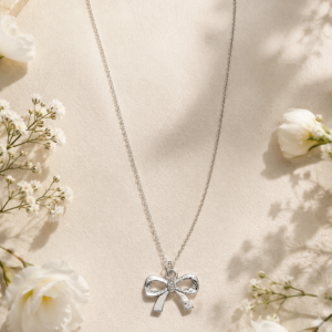 Silver bow pendant chain for women with delicate silver-tone chain and bow charm