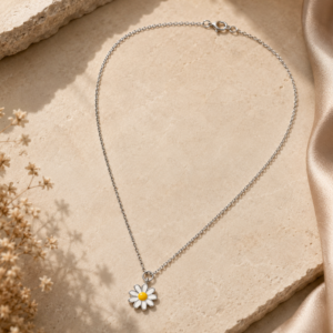 Silver daisy flower chain for women with white petal floral pendant and yellow center
