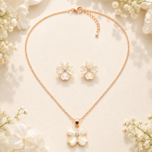 Rose gold flower jewelry set with floral pendant necklace and matching earrings