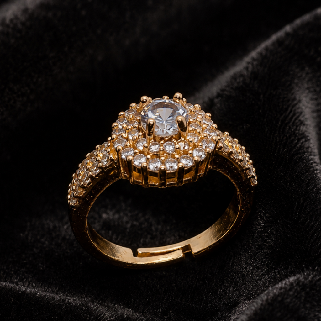 Tavielle gold ring featuring a round brilliant-cut center crystal surrounded by a double pave halo