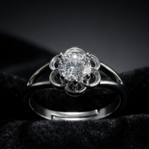 Tavielle silver ring featuring a round brilliant-cut center crystal surrounded by a floral petal halo