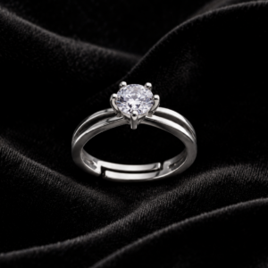 Tavielle silver ring featuring a round brilliant-cut center crystal set on a parallel dual split adjustable band