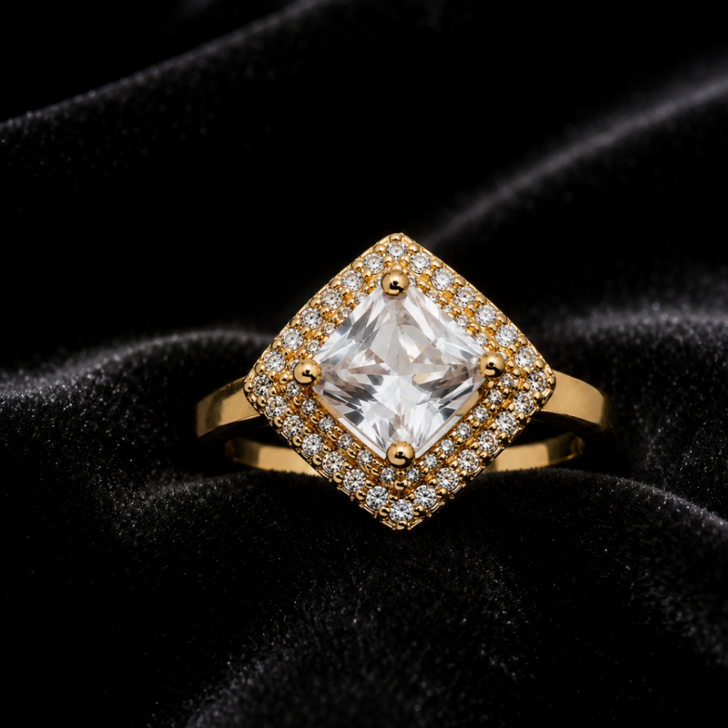 Tavielle gold ring featuring a square princess-cut center crystal with a double pave halo set
