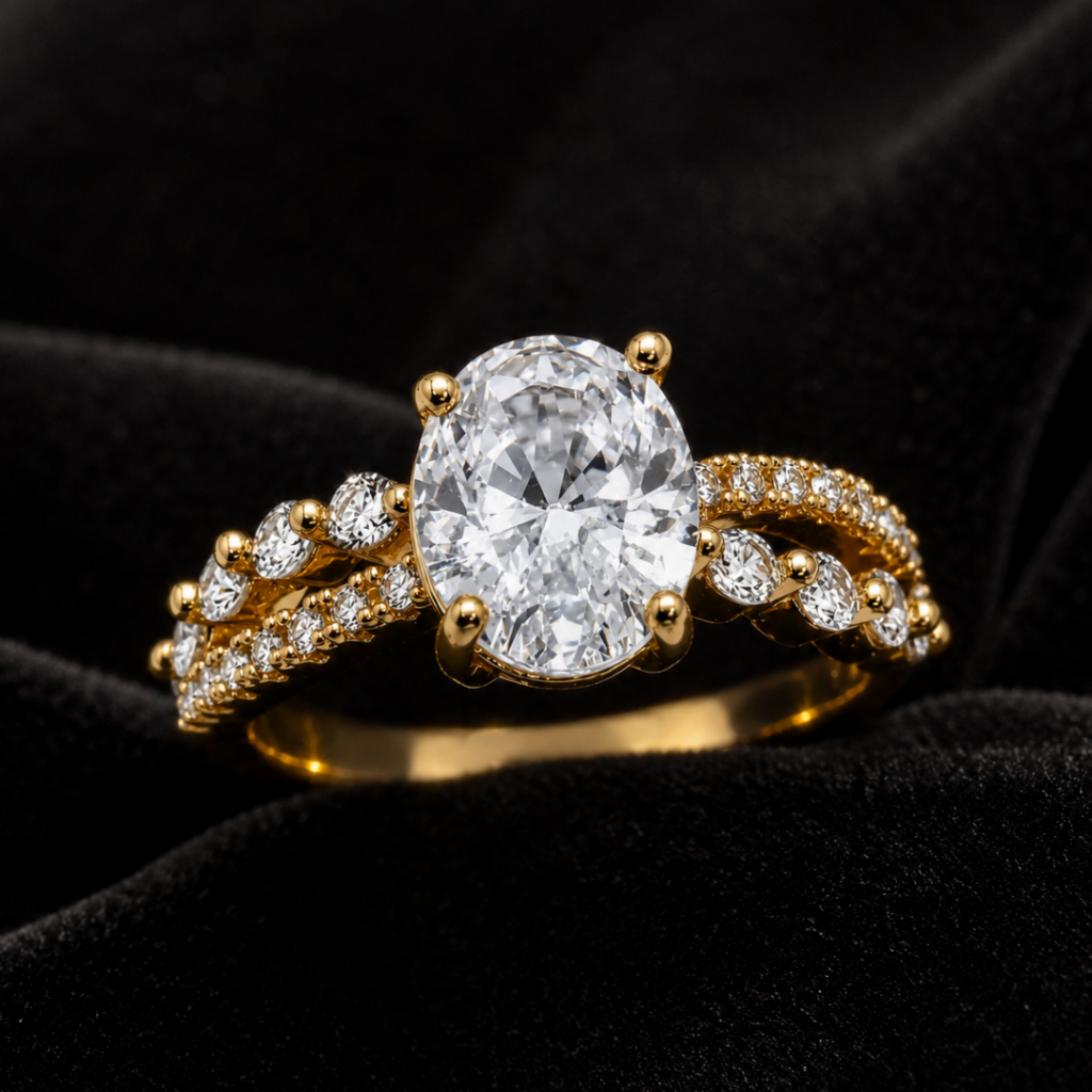 Tavielle gold ring featuring a large oval-cut center crystal set on a twisted pave-accented band