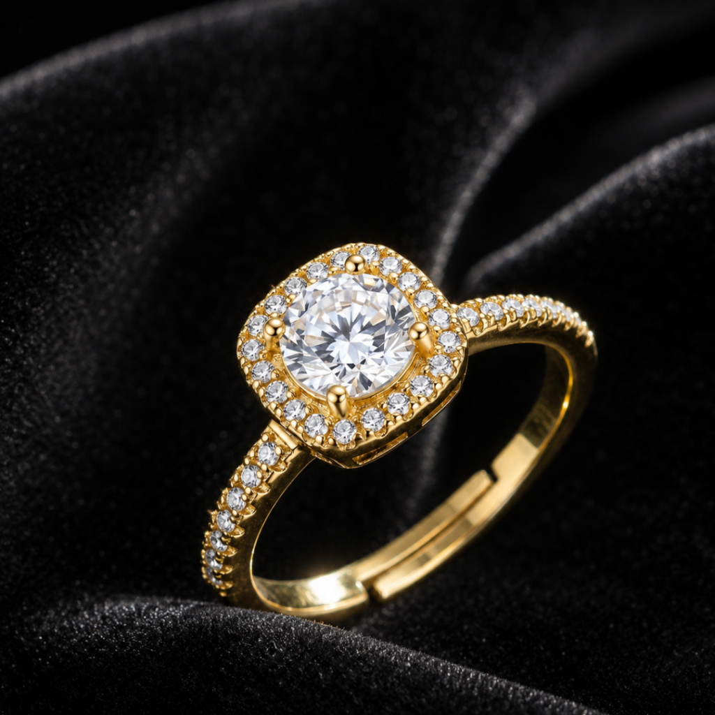 Tavielle gold ring featuring a round brilliant-cut center crystal in a square cushion-shaped pave halo and paved band
